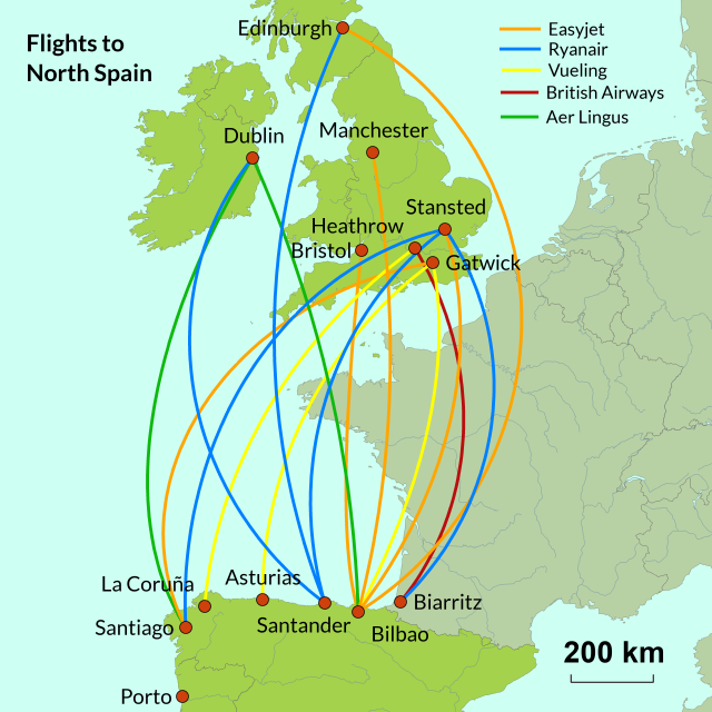 MAP OF FLIGHTS UK TO NORTH SPAIN